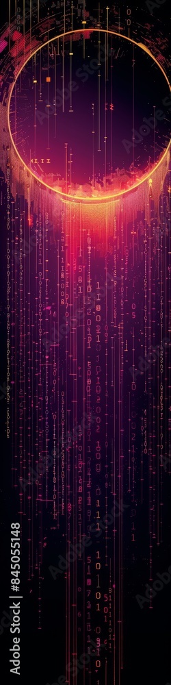 Wall mural an abstract technology circle with computer code in vibrant purple and blue on a black background.