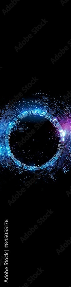 Wall mural an abstract technology circle with computer code in vibrant purple and blue on a black background.