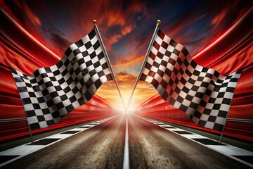 Two checkered flags are on a red surface