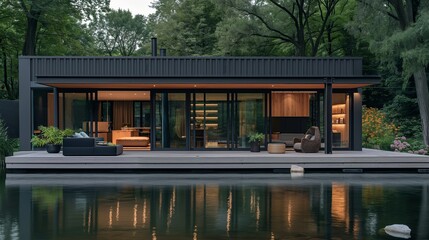 Fototapeta premium Serene Blue Container Homes by the Lake
