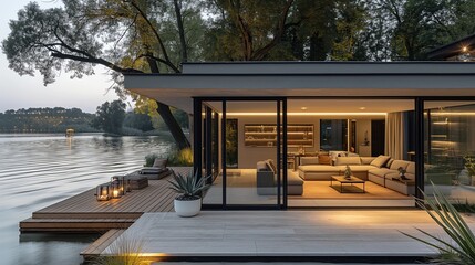 Fototapeta premium Serene Blue Container Homes by the Lake