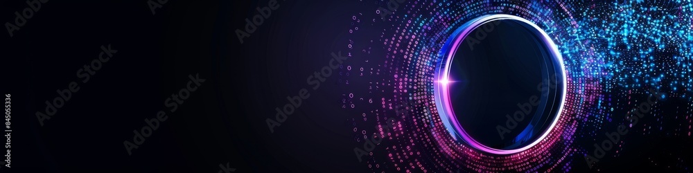 Wall mural an abstract technology circle with computer code in vibrant purple and blue on a black background.