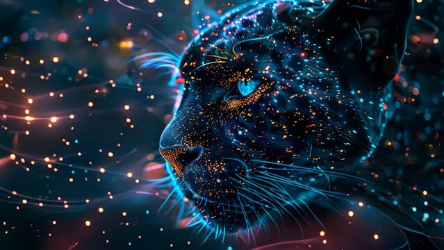 A digital painting of a black panther with blue eyes and glowing orange spots on its fur, with a blue and purple background.