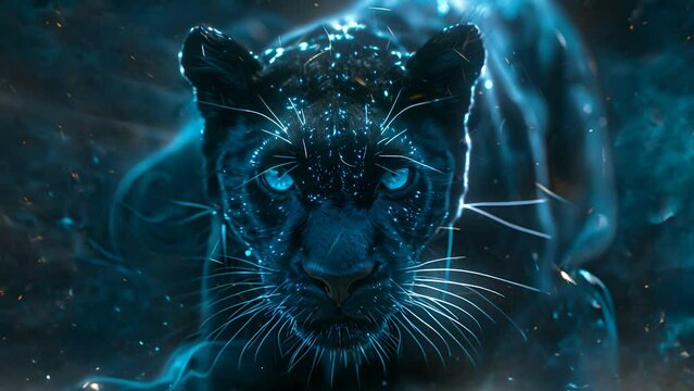 A digital painting of a black panther with blue eyes surrounded by glowing blue particles
