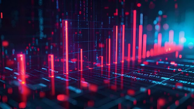 A glowing blue and red circuit board with binary code.