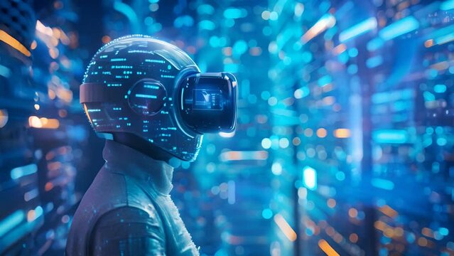 A glowing blue and white robot wearing a virtual reality headset stands in a futuristic city.