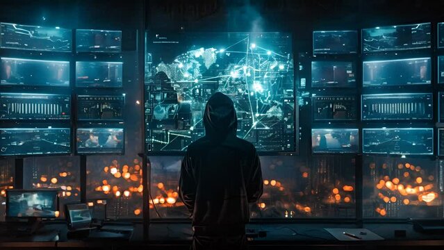 A hacker in a dark room surrounded by computer screens.