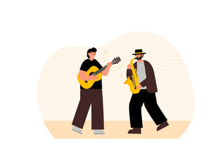 Two man playing musical instrument. 80's vector illustration