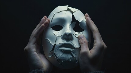 Broken white face mask in hands, symbolizing shattered identity and hidden feelings, dark backdrop