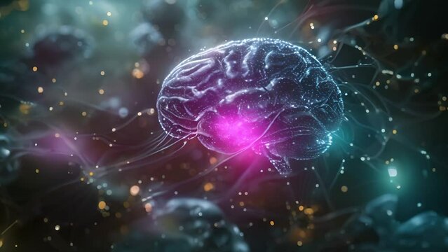 Blue glowing brain with glowing particles around it