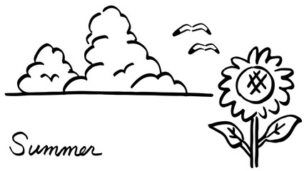 海を背景にしたひまわり　モノクロの線画