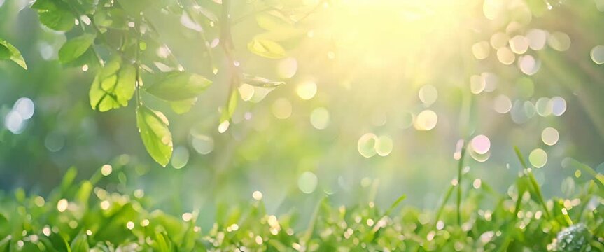 Spring summer background with a frame of grass and leaves on nature. Juicy lush green grass on meadow with drops of water dew sparkle in morning light outdoors close-up