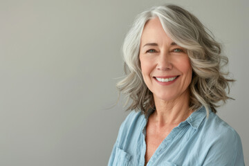 Fototapeta premium A middle-aged woman with gray hair smiles at the camera. She is wearing a blue shirt. The background is a light gray