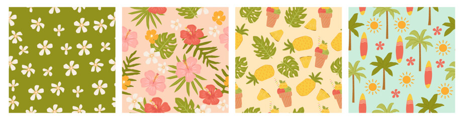 Set of seamless tropical beach patterns, florals, leaves, palm tree, ice cream and pineapple, 