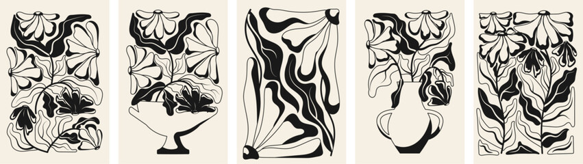 Set of 5 abstract black and white floral posters.Floral botanical vector illustration. Modern poster and background in trendy naive retro hippie 60's 70's retro style. 