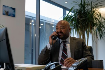 Professional Photography of a sales representative making a cold call, demonstrating effective communication and persuasion skills over the phone, Generative AI