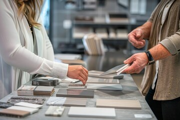 Professional Photography of a sales representative showcasing product samples to a client, allowing them to experience the quality firsthand, Generative AI