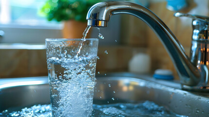 Pouring water, filling glass with water from tap in minimalist kitchen, fresh desalination water