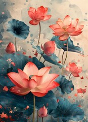 An illustration of lotus blossoms on a blue green background. 