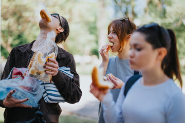 Three young adults seen enjoying a sunny day in the park, eating snacks and sharing a light hearted moment together. Informal and candid lifestyle shot.