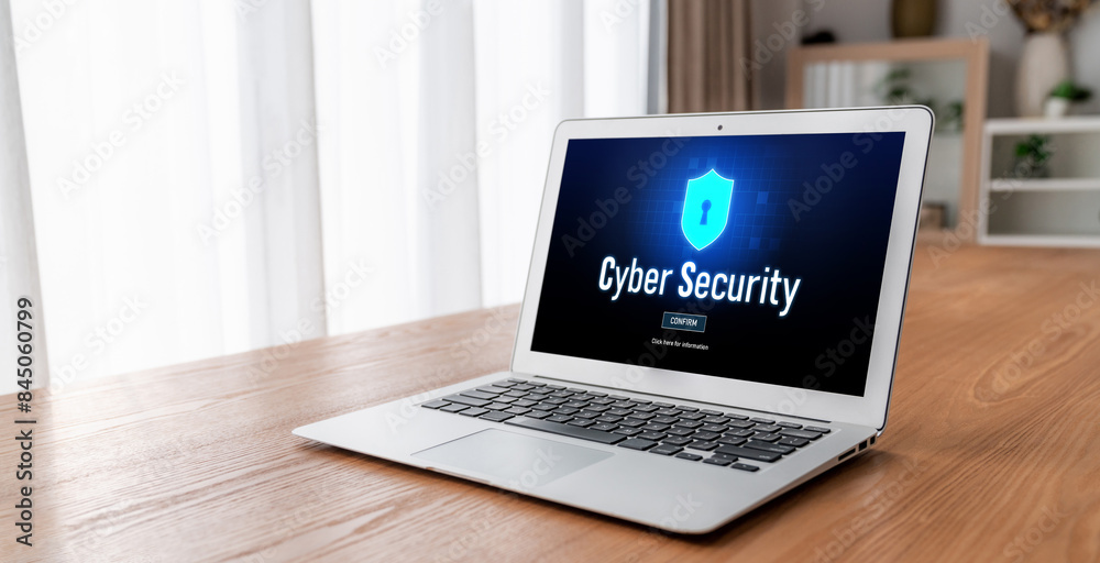 Poster cyber security system on computer screen protect private information snugly from hacker and cyber at