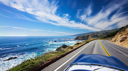 Summer road trip in a convertible on a scenic coastal highway, ocean waves, bright blue sky.