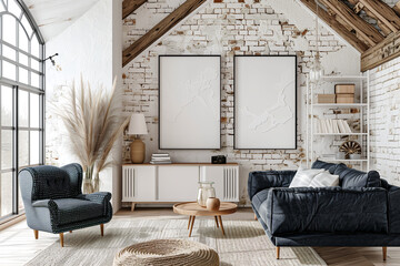 living room wall art mock up, home interior, house indoor, double oil painting mock up, house bedroom background, two vertical blank canvas mock up
