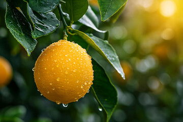 Ripe lemons hanging on lemon tree branch in the garden.