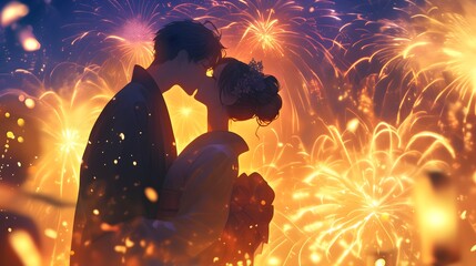 Japanese Summer Festival Two Lovers Kiss under Fireworks Anime Style Poster Wallpaper