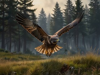 Obraz premium A bird of prey that flies high over rugged and mountainous terrain