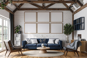 Fototapeta premium living room wall art mock up, home interior, house indoor, six painting mock up, house background, 6 blank canvas mock up