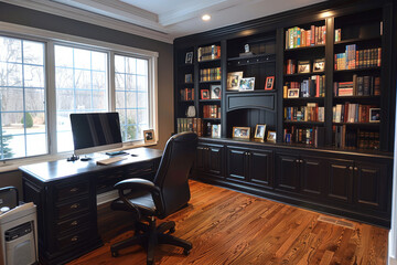 A large room with a black wall and wooden floors
