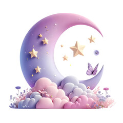 3D moon and clouds with butterfly
