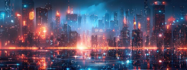 Futuristic Cyberpunk Cityscape at Night with Neon Lights and Reflections
