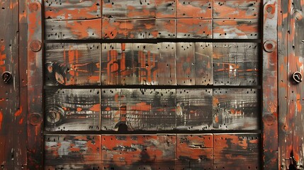 This is a close up of a wooden door or wall painted red with black metal rivets.