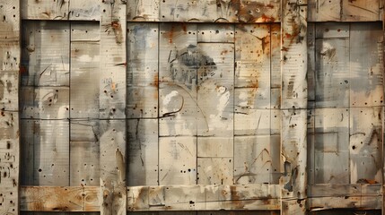 The image is a rusty metal wall with three panels. The panels are made of riveted metal plates.