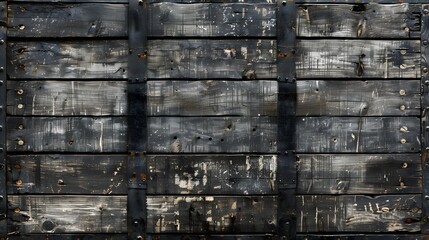 The image is of a wooden wall with horizontal black planks and rusty metal bolts.