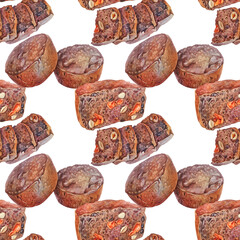 Seamless pattern with watercolor loaf of fresh crispy homemade rye bread with fruit and nuts on white background. Whole grain bun for breakfast. Hand-drawn food for cookbook or kitchen. Wrapping