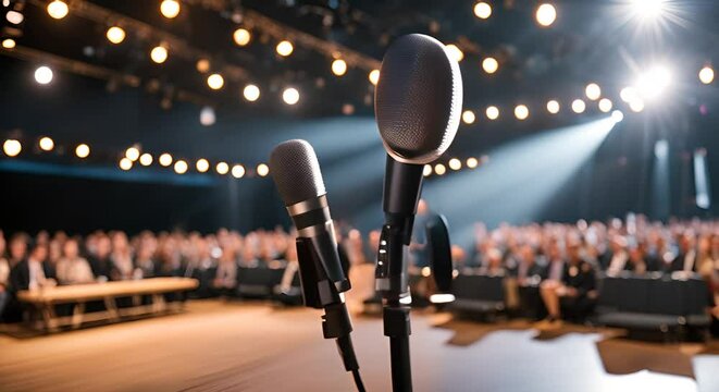 Conference stage under the lights. Public speaking concept