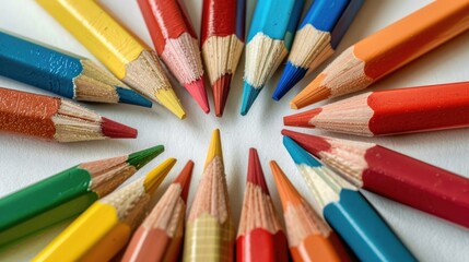 Fototapeta premium Color pencils arranged closely in a circle on a plain white surface top view
