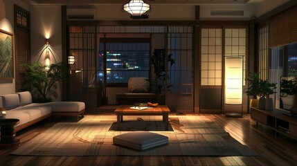 Calming Essence of a Japanese Zen-Style Living Room Under the Soft Glow of Evening