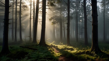 Naklejka premium Sunrise light filters through the misty trees of a summer forest