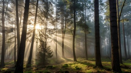 Naklejka premium Misty sunlight filters through the pine trees in the forest on a foggy morning.