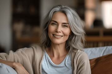Obraz premium Smiling Mature Woman Relaxing on Couch in Living Room