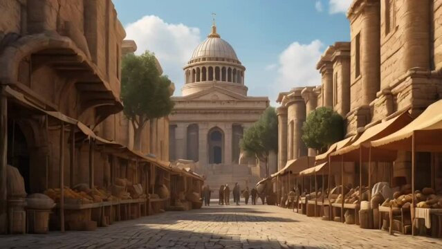 ancient city of Troy, depicted at the height of its grandeur. imposing stone walls and majestic gates protecting the city, with tall watchtowers. ancient civilization, evoking the epic tales of the Tr