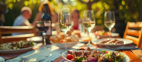 Decorate Your Table with a Blurred Background Featuring a Grill Party and Guests