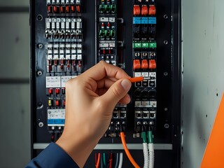 Electricity and electrical maintenance service, Engineer hand holding AC voltmeter checking electric current voltage at circuit breaker terminal and cable wiring main power distribution board