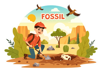 Fossil Vector Illustration of Archaeologists Discovering Dinosaur Skeletons During Excavations, Depicted in a Flat Cartoon Style Background