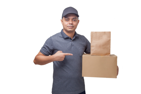 Delivery man holding cardboard box and paper packaging. Delivery concept. Delivery boy concept.