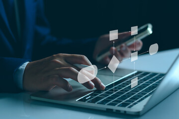 Workflow computer automation for business office. Developer writing flowchart to process workflow set plan and manage project data document. Computer git software system. Business technology